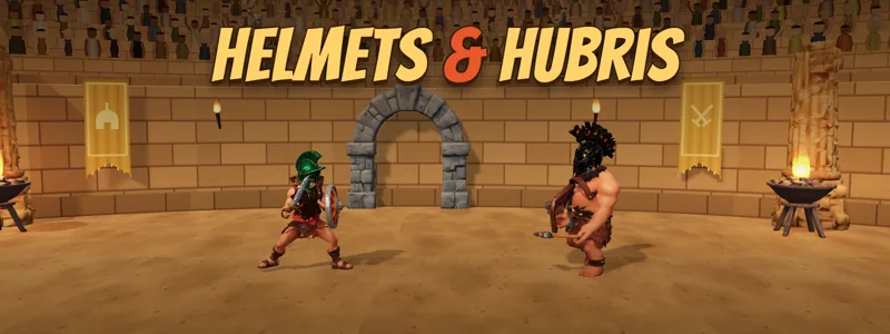 Helmets & Hubris: a gladiator in a crested helmet in a sunlit arena.