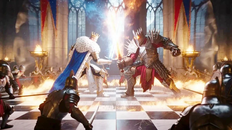 An ivory king and an ember warlord cross blazing swords on a giant chessboard.