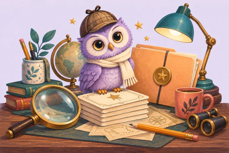 A little purple owl detective with a magnifying glass and a case full of clues.