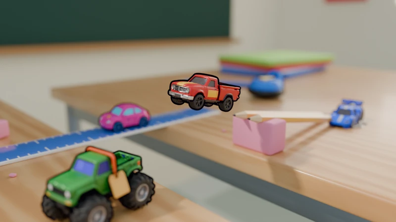 Toy cars racing across a classroom desk, a red ute mid-jump off a pencil ramp.