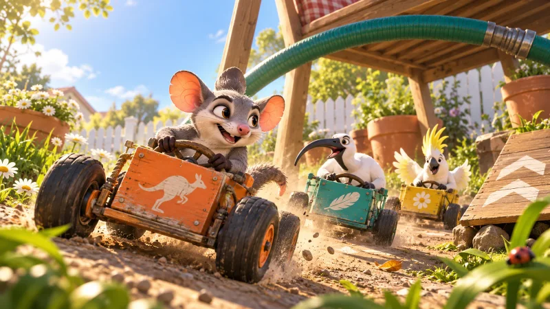 Backyard wildlife racing homemade karts through a sunlit garden.