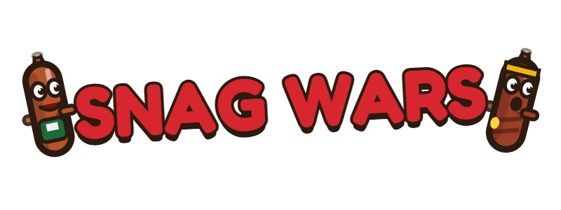 Snag Wars — two cartoon sausages flanking the title.