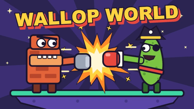A brick golem and a pickle pirate trade punches into a big cartoon impact burst under the Wallop World title.